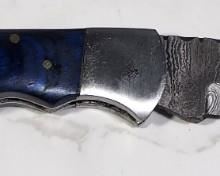 Custom Damascus Steel Folding Knife, 2.75" Blade, In Tooled Leather Sheath
