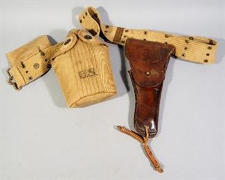 World War I Military Equipment, Includes Backpack With Blanket, Web Belt With 1911 Leather Holster And Canteen, And 1918 1911 .45 Clip Belt Pouch
