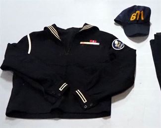 US Navy Seabees Jacket And Trousers With Insignia, And Navy Blue Ball Cap With Gold Numbers
