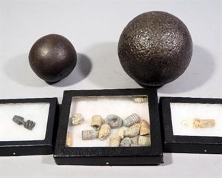 Civil War Ordnance, Includes 12 lb & 4 lb Solid Shot, .58 Unfired In Paper, Approx 15 Bullets (Some With Teeth Marks), And Worm For Bullet Extraction
