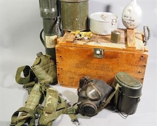 Vintage Military Supplies, Includes WWII Mess Kit And Canteen, Web Belt With Canteen, Gas Mask, Mortar Case, Shoulder Straps, And More, In Wood Crate
