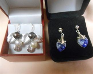 Sterling leaves and black and white cultured Pearls.  Sterling Earrings with art glass