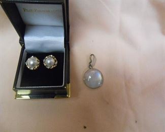 14 kt gold and Diamond and Pearl Earrings.   Moonstone Pendant
