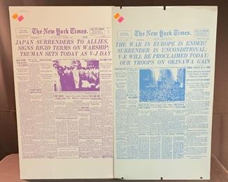 Displates (images printed on aluminum) of NY Times front pages of VJ and VE Days. Farmable. 