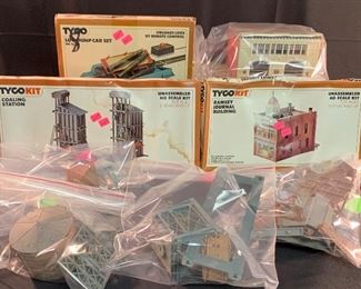 HO scale buildings and rail yard structures.