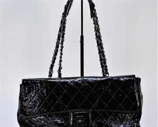 Chanel Black Patent Leather Quilted Baguette Bag