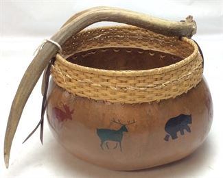 1999 BARBARA FELLMAN LODGE COLLECTION GOURD BASKET w ANTLER HANDLE, SIGNED