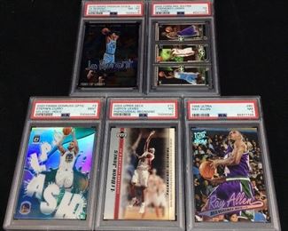 (5) ASSORTED GRADED BASKETBALL, LEBRON JAMES, STEPHEN CURRY, RAY ALLAN, JA MORANT, CARMELO ANTHONY, NM 7 TO MINT 9,