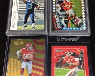 (4) ASSORTED FOOTBALL CARDS, PATRICK MAHOMES MINT 9, RUSSELL WILSON, NM MT8