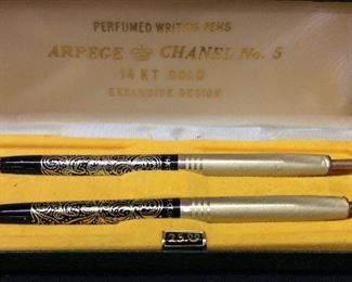 VTG. ARPEGE CHANEL #5 14KT GOLD PERFUME WRITING PENS W CASE
