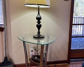 Twin Lamp with End Table and Decor. 