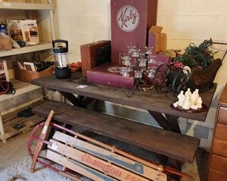 Vintage Sled and picnic bench