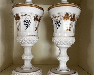 Pair of Westmoreland Milk Glass Lidded urns