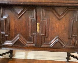 SOLD OAK JACOBEAN STYLE SIDEBOARD W/BARLEY TWIST LEGS