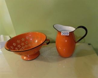 Vtg orange enamelware pitcher and strainer
