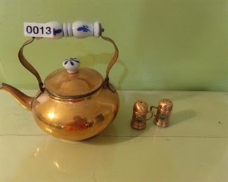 small copper kettle and salt and pepper shakers