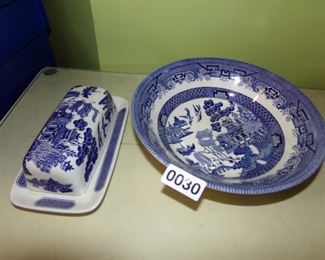 Churchill blue/white butter dish and 9.5in veggie bowl