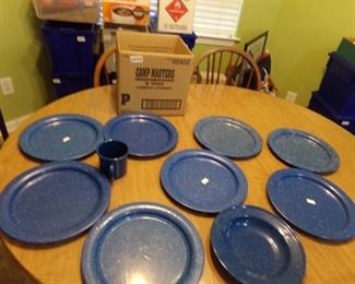 blue/white speckled enamelware plates