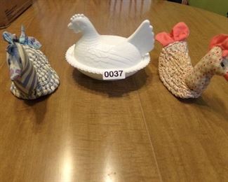 Milk glass hen on a nest with hand made chicken pot holders