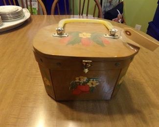 c.1970 wooden decoupage purse/sewing box