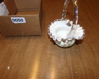 Fenton hand painted fluted top milk glass basket 7in tall