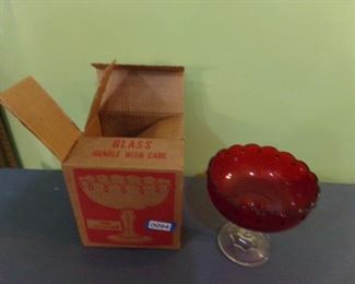 Ruby red tear drop compote bowl w/original box