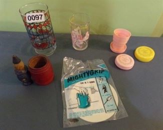 Tiffany style Pepsi Cola glass, Archie juice glass, Vtg collapsible folding drinking cup