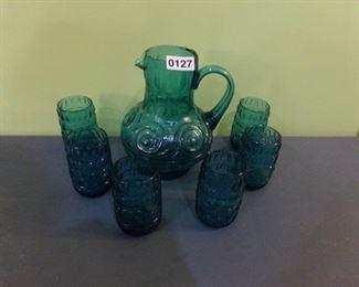 Vtg Empoli Teal Abstract pitcher w/glasses