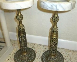 Pair Vintage Marble & Pierced Brass Floor Ashtrays 