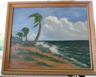 Original Palm Tree Sea Scape Oil Painting Signed, Cliff Littleton 12-4-50