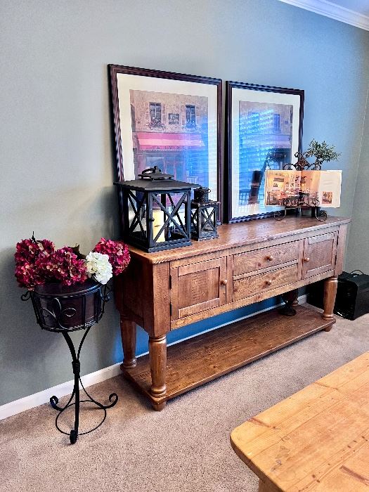 Buffet, Planter w/ Stand, Iron Lanterns, Paris Prints, Book and Book Stand