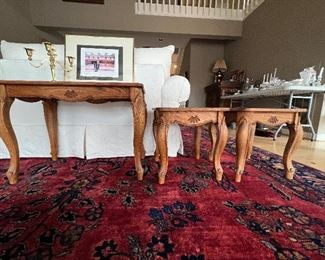 Set of 3 oak tables $125- Sofa table- L-30", W- 16", H-22" End tables both measure L/W-17" Height 17"