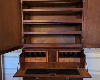 Interior shot of the antique English linen press/drop-front secretary.