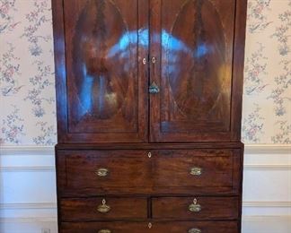 AMAZING, 3-piece antique inlaid mahogany English linen press/drop-front secretary chest, with original pulls and fantastic patina!