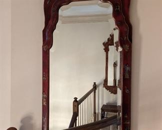 The other of the pair of hand-painted, Asian-inspired, beveled glass wooden wall mirrors.