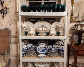 85-piece set of Castleton China "York Rose", 1950 - 1967, 60-piece set of Royal Doulton Booths "Real Old Willow" china, manufactured 1982 - 1999, 66-piece set of Wedgwood "Wild Strawberry" china and very complete set of Killarney stemware and glass dessert plates, by Tiffin-Franciscan.