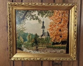 Detailed pic of the original oil on board of Catholic church in Ramsau bei Berchtesgaden, Germany, by L. Schöne, dated 1963.