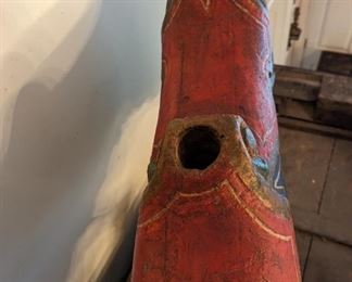 Here's where the pole that pieced the wicked heart of this hand-painted/carved 19th century carousel rooster.