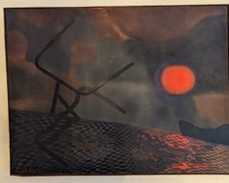 Original, artist-signed oil on canvas, by well-listed artist Nemesio Antúnez (1918-1993), entitled "Bicicletas de invierno", or "Winter Bikes", dated 1967. Antúnez was born in 1918, in Santiago de Chile. He was an architect, painter and printer. In 1943, he studied printing with W. Hayter in New York. His painting evolved from a strong realism to more abstract and spiritual. In 1957, Antúnez won a prize at the Sao Paulo Biennial.