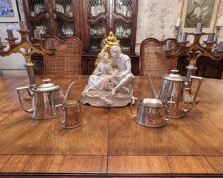 Vintage 4-piece English silverplated tea/coffee set, vintage Italian porcelain figurine, pair of 1850's 5-light candleholders and gold gilt French mantle clock.