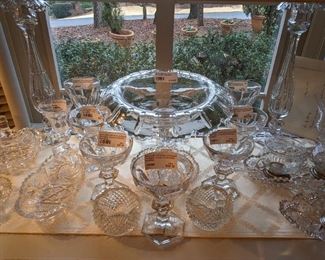 Baccarat "Harcourt 1841" crystal stemware, ABCG, antique Irish crystal centerpiece bowl, with matching candlesticks, all with controlled bubble stems.