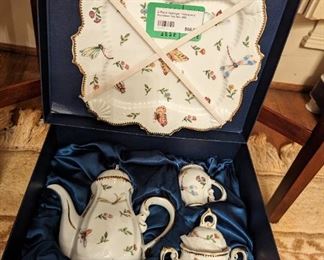 NIB Godinger porcelain dessert set, that marries well with the vintage Wedgwood "Wild Strawberry" china.