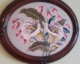 Framed needlepoint of calla lilies