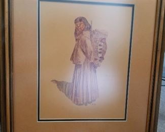 Native American  art, Apache woman with baby - signed “Carley