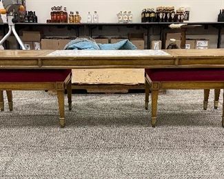Vintage Burl Wood Cocktail Table & Matching Bench Set With Brass Capped Feet. Table has Carrera Marble Insert. Table Measures 63" W x 21" D x 19.5" H. Benches Measure 16" x 21" x 16 H."  Sold As Is OR Customize with Your Choice of Lacquer For Additional Price. Photo 1 of 8. 