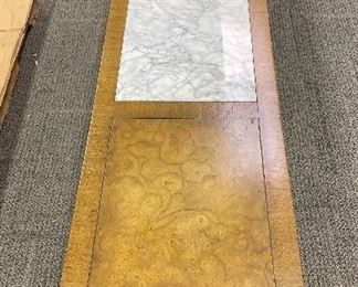 Vintage Burl Wood Cocktail Table & Matching Bench Set With Brass Capped Feet. Table has Carrera Marble Insert. Table Measures 63" W x 21" D x 19.5" H. Benches Measure 16" x 21" x 16 H."  Sold As Is OR Customize with Your Choice of Lacquer For Additional Price. Photo 3 of 8. 