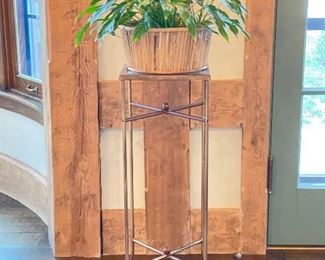 Pair of Metal Plant Stands with Woven Metal & Glass Tops. Each Measures 11" x 11" x 32" H.  Photo 1 of 3. 