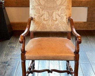 Set of 8 Minton-Spidell Damask & Leather Upholstered Seat Dining Chairs. Includes 2 Arm and 6 Side Chairs. Each Measures 24" W x 20" D with 19" Seat Height. Photo 1 of 6. 