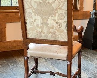 Set of 8 Minton-Spidell Damask & Leather Upholstered Seat Dining Chairs. Includes 2 Arm and 6 Side Chairs. Each Measures 24" W x 20" D with 19" Seat Height. Photo 4 of 6. 