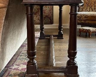 South Cone Trading Company Peruvian Wood Three-Drawer Console Table With Distressed Leatherette Top. Measures 68" W x  20 1/4" D x 30 1/2" H. Photo 2 of 4. 